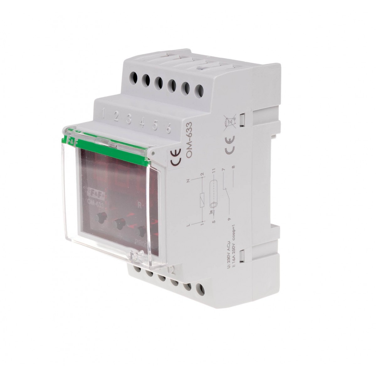 OM-633 ogranicznik z funkcją przekaźnika napięciowego, LCD, pomiar do 10kW, montaż na szynie DIN F&F