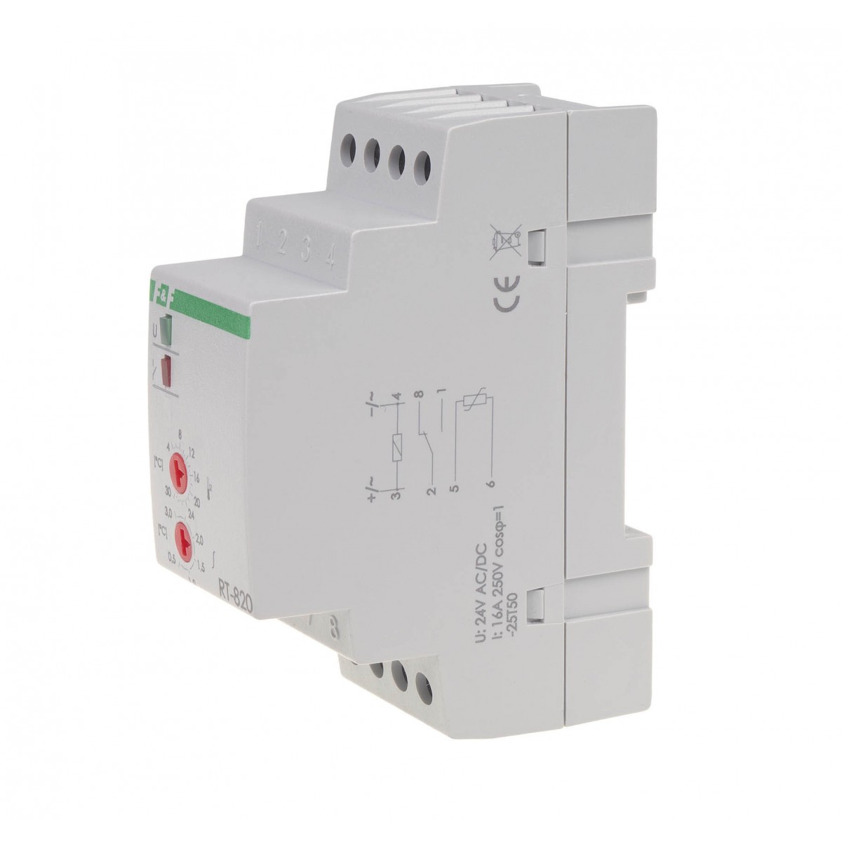 RT-820 regulator temperatury - zakres temperatur 4-30°C montaz na szynie DIN, styk: 1NO/NC 230V AC F&F
