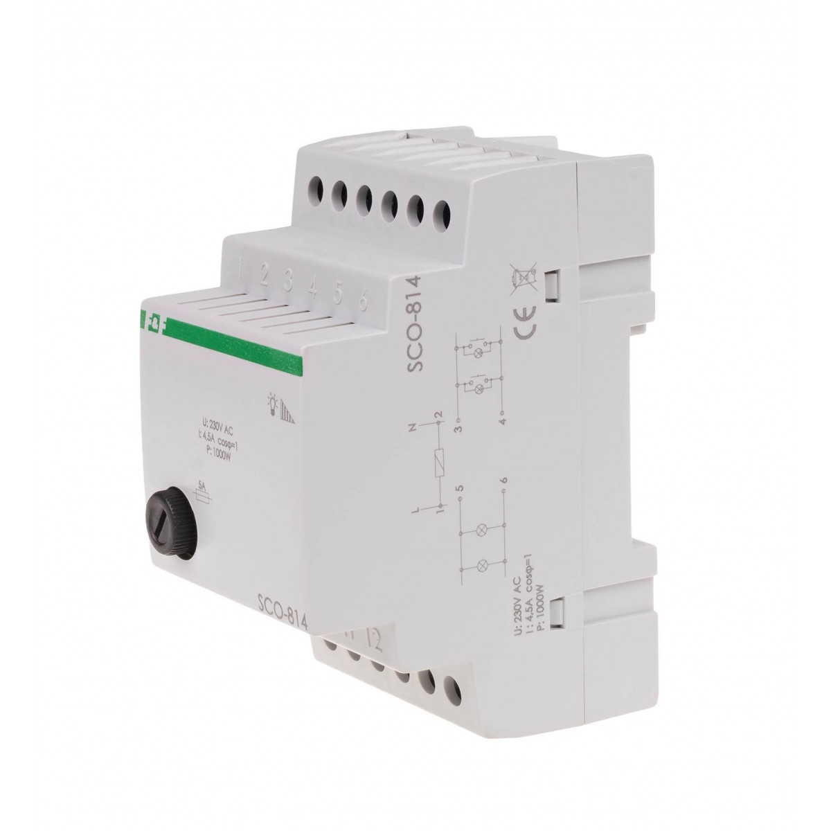 SCO-815 ściemniacz uniwersalny (R, L, C, ESL), 1 moduł montaż na szynie DIN, zasilanie 230V AC (R) 500 W F&F