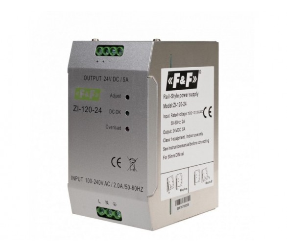 ZI-120-24V zasilacz impulsowy przemysłowy nap. wej. 90-264V AC/120-370V DC, P120W nap. Wyj. 24V DC F&F