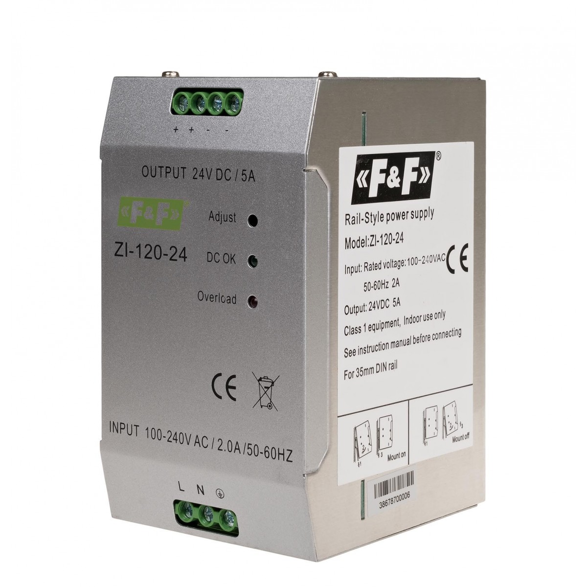 ZI-120-24V zasilacz impulsowy przemysłowy nap. wej. 90-264V AC/120-370V DC, P120W nap. Wyj. 24V DC F&F