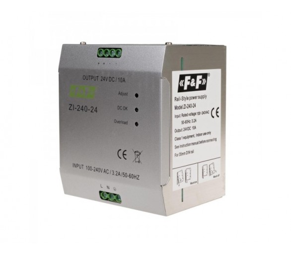 ZI-240-24V zasilacz impulsowy przemysłowy nap. wej. 90-264V AC/120-370V DC, P240W nap. Wyj. 24V DC F&F