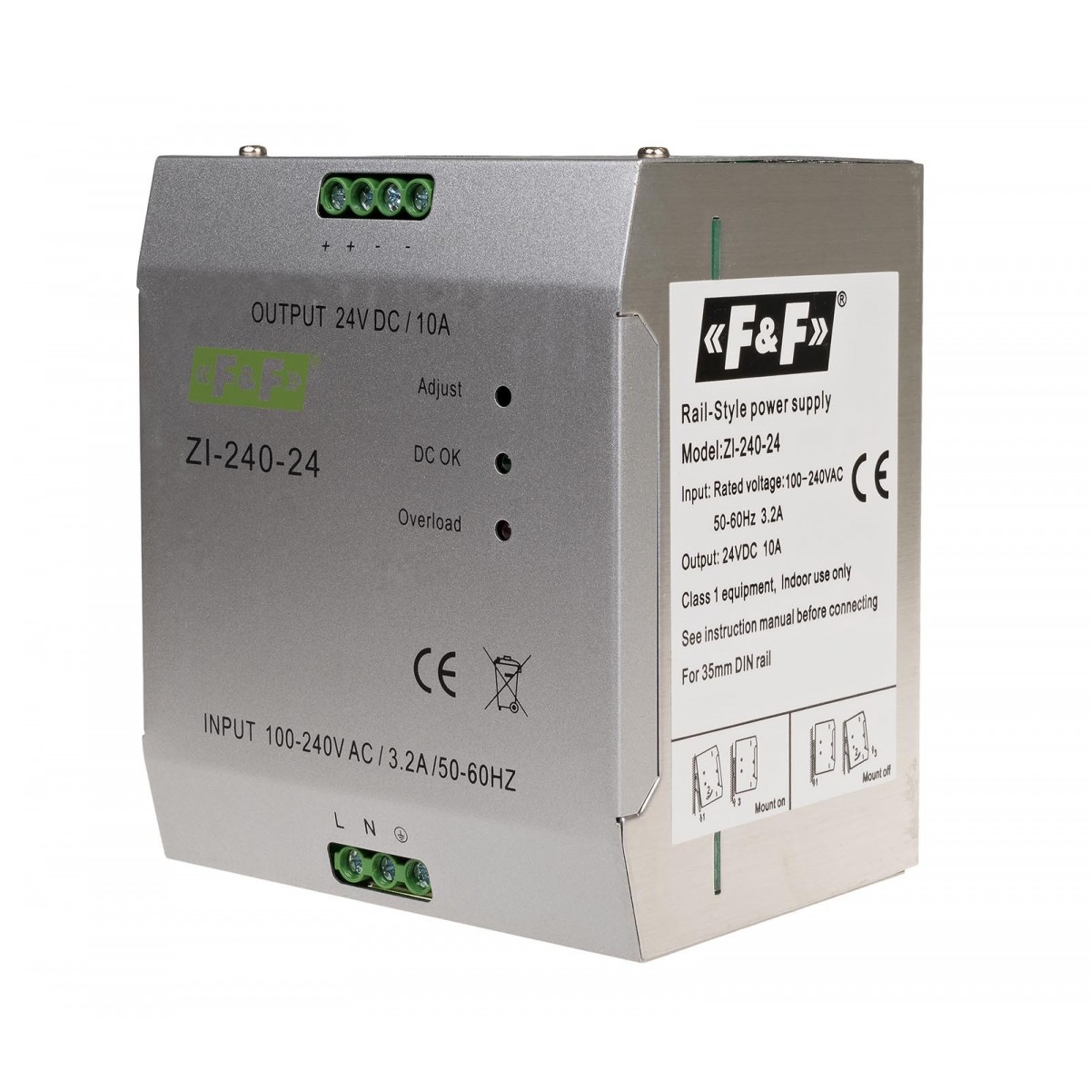 ZI-240-24V zasilacz impulsowy przemysłowy nap. wej. 90-264V AC/120-370V DC, P240W nap. Wyj. 24V DC F&F