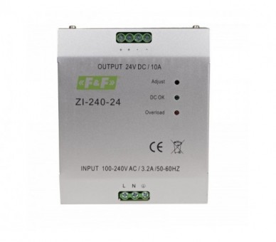 ZI-240-24V zasilacz impulsowy przemysłowy nap. wej. 90-264V AC/120-370V DC, P240W nap. Wyj. 24V DC F&F