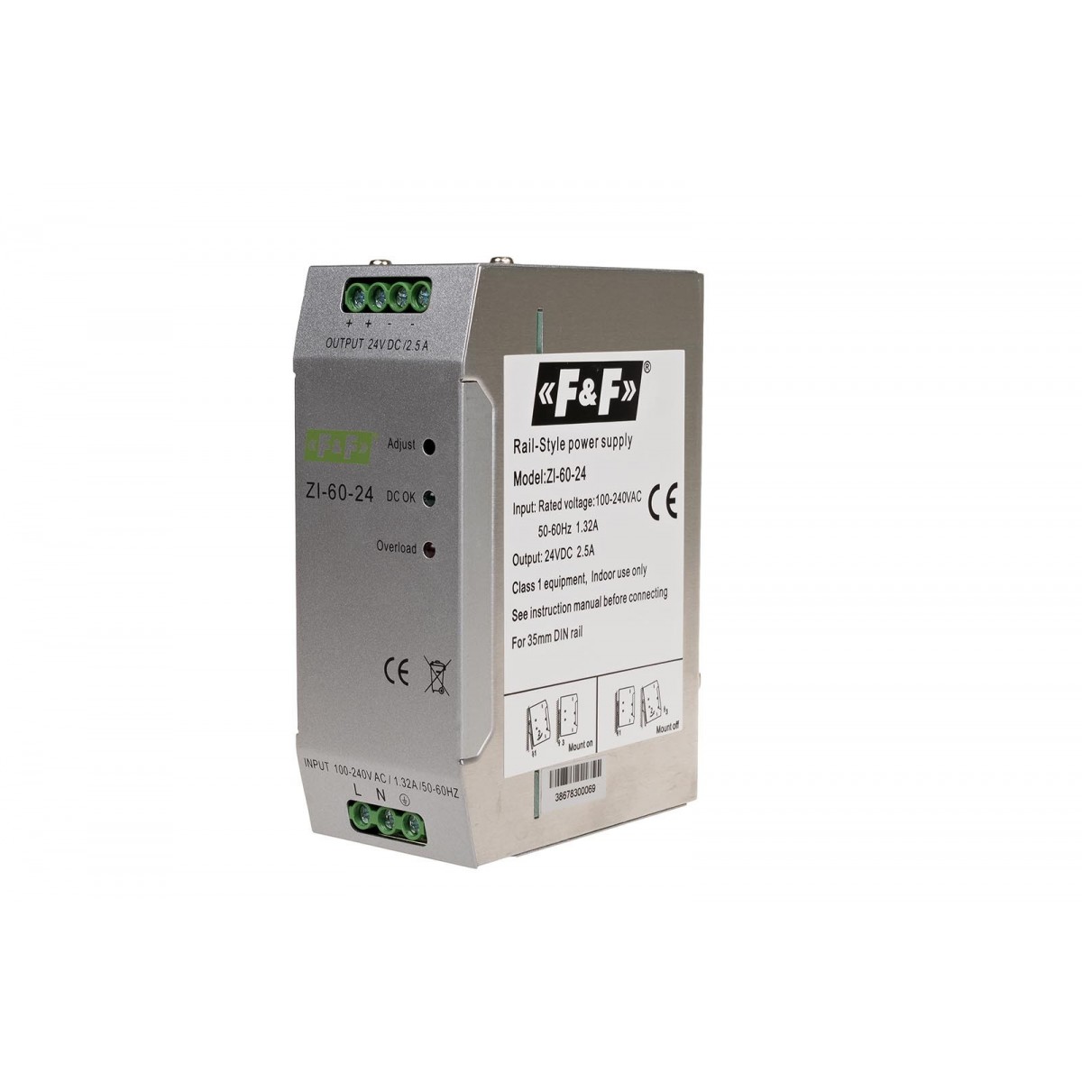 ZI-60-24V zasialacz impulsowy przemysłowy nap. wej. 90-264V AC/120-370V DC, P60W nap. Wyj. 24V DC F&F