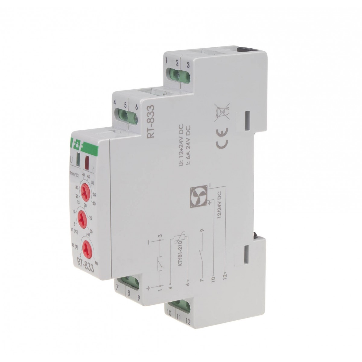RT-833 regulator temperatury z regulacją prędkości obrotowej wentylatora montaż na szynie DIN styk: 1NO/NC 230V AC F&F