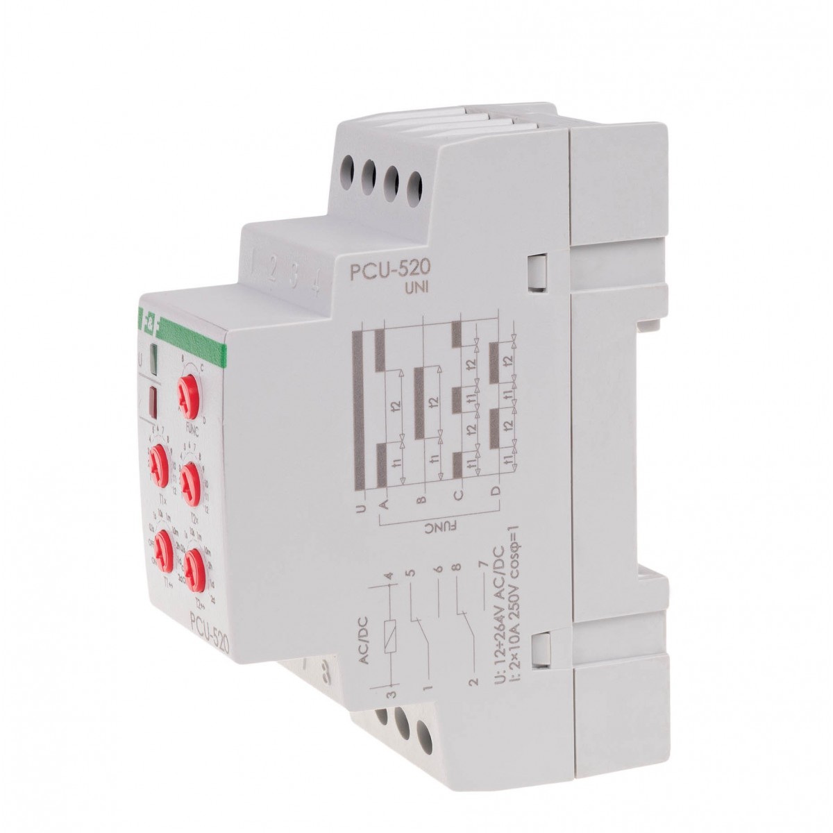 PCU-520UNI Przekaźnik czasowy 2-funkcyjny (nastawa 2 czasów T1 T2, styk: 2xNO/NC 12-264V F&F