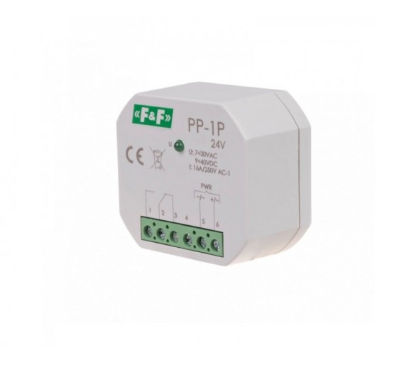 PP-1P-24V Przekaźnik elektromagnetyczny, 1P 16A, montaż podtynkowy,U7-30VAC / 9-40VDC F&F