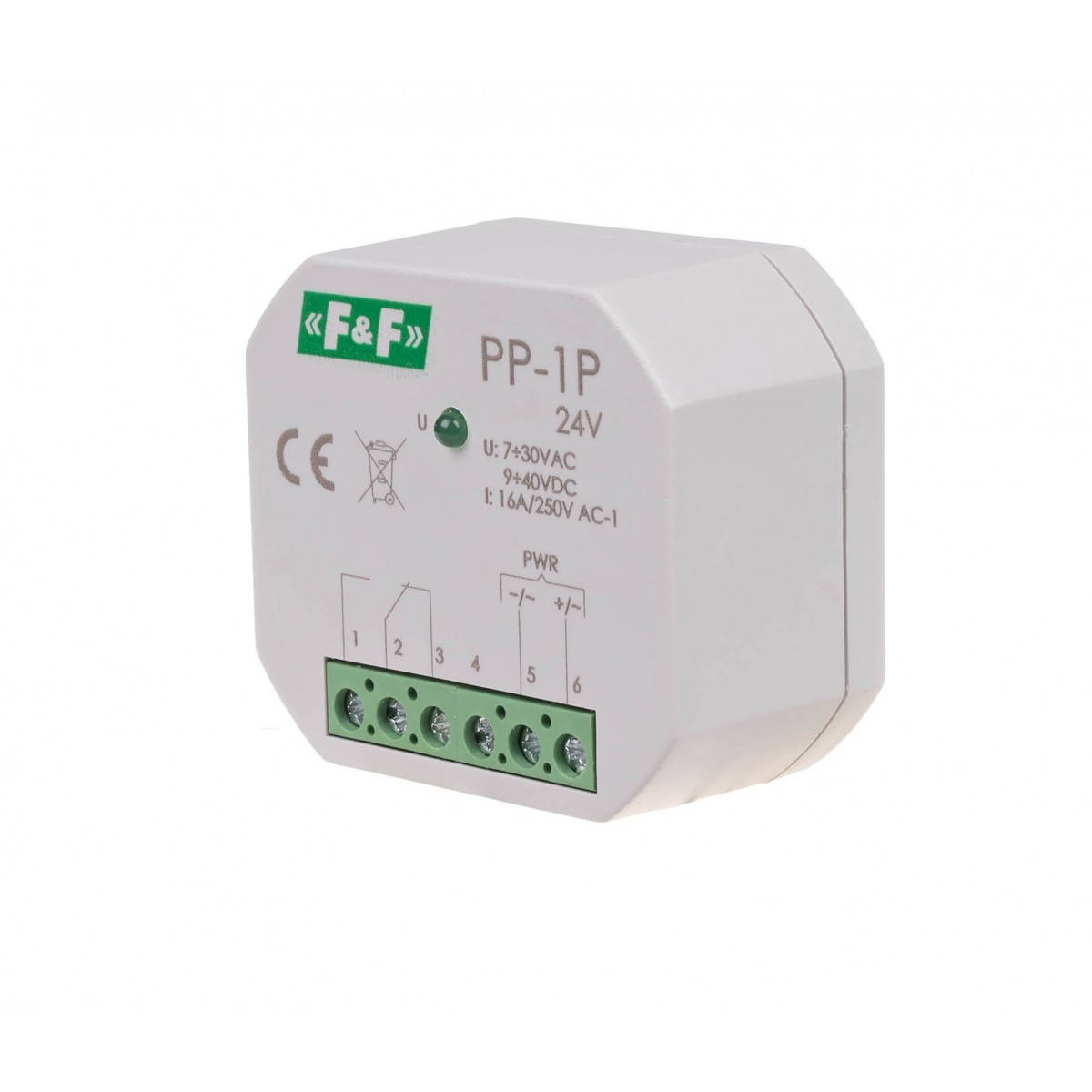 PP-1P-24V Przekaźnik elektromagnetyczny, 1P 16A, montaż podtynkowy,U7-30VAC / 9-40VDC F&F