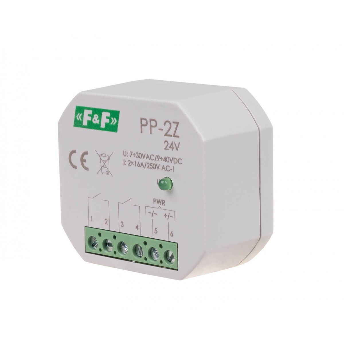 PP-2Z-24V Przekaźnik elektromagnetyczny, 2Z 16A, montaż podtynkowy,w obud.PDT,U7-30VAC / 9-40VDC F&F