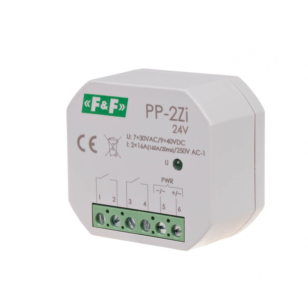 PP-2Zi-24V Przekaźnik elektromagnetyczny, 2Z 16A, montaż podtynkowy,U7-30VAC/9-40VDC,2Z 16A (160A/20ms) F&F