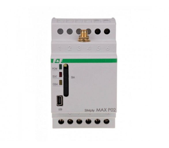 SIMplyMAX-P02 przekaźnik zdalnego sterowania GSM (CLIP), 2xWY, 2xWE, sterowanie bramą, 230V AC, 2NO/NC, montaż na szynie DIN F&F