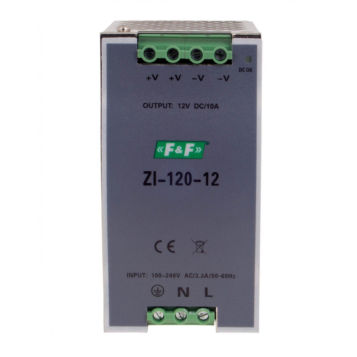 ZI-120-12V zasilacz impulsowy przemysłowy nap. wej. 90-264V AC/120-370V DC, P120W nap. Wyj. 12V DC F&F