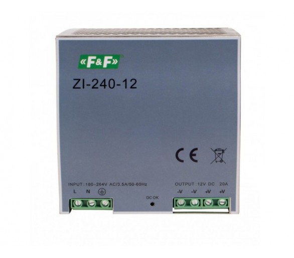 ZI-240-12V zasilacz impulsowy przemysłowy nap. wej. 90-264V AC/120-370V DC, P240W nap. Wyj. 12V DC F&F