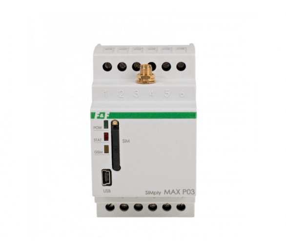 SIMplyMAX-P03 przekaźnik zdalnego sterowania GSM (SMS), 2xWY, 2xWE, sterowanie temperaturą, 230V AC, 2x1NO/NC, montaż na szynie DIN F&F