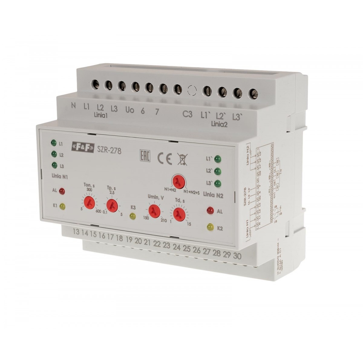SZR-278 Sterownik załączania rezerwy, sieć 3 i 4-przewodowa, 24-230V AC, F&F