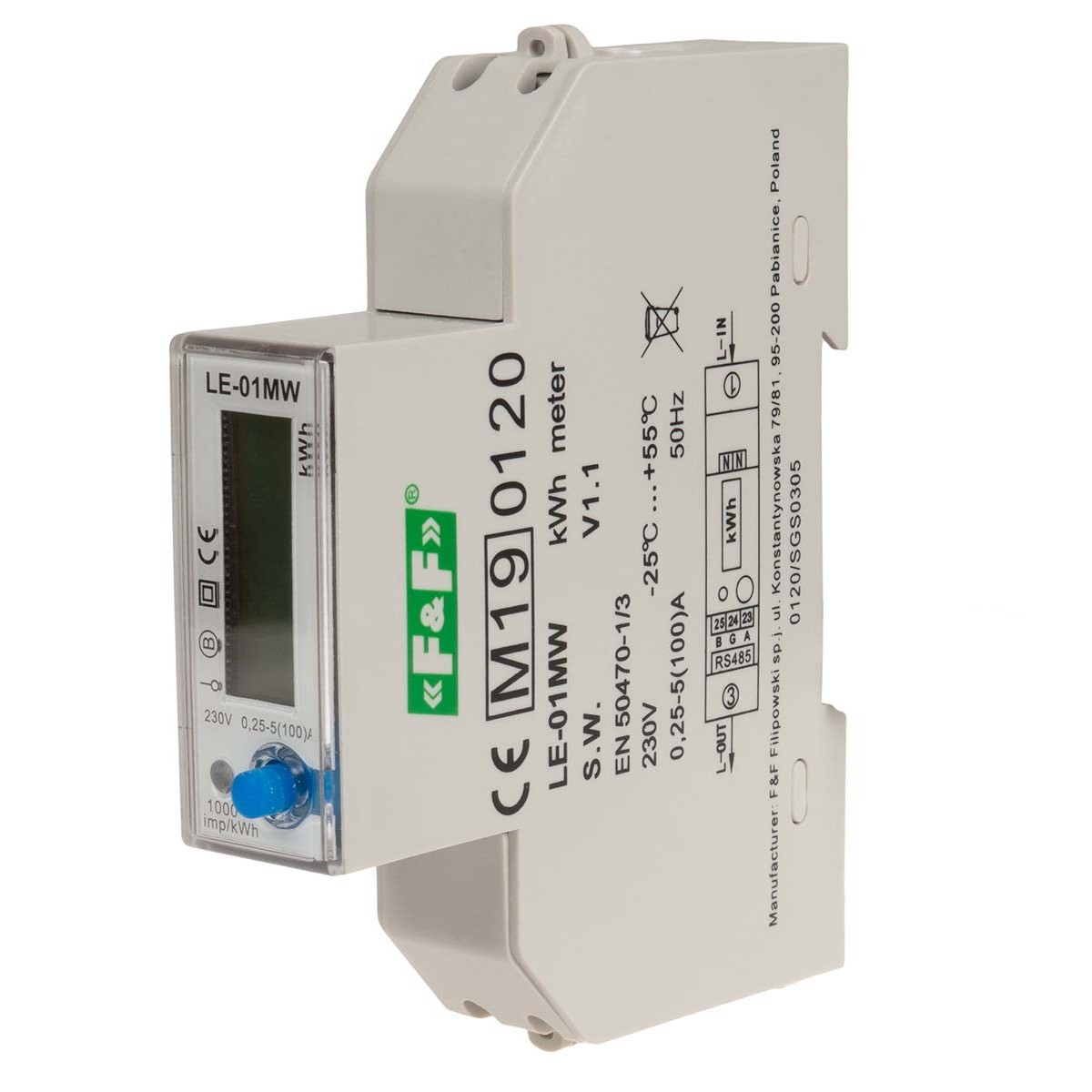 LE-01MW Jednofazowy licznik zużycia energii czynnej, biernej, Modbus RTU, wielotaryfowy F&F