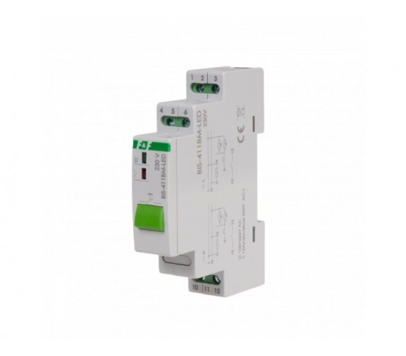 BIS-411BM-LED Przekaźnik bistabilny BIS-411BM-LED z przyciskiem do sterowania ręcznego, pamięcią, montaż na szynie DIN, 230V, z przekaźnikiem inrush 160A/20ms F&F