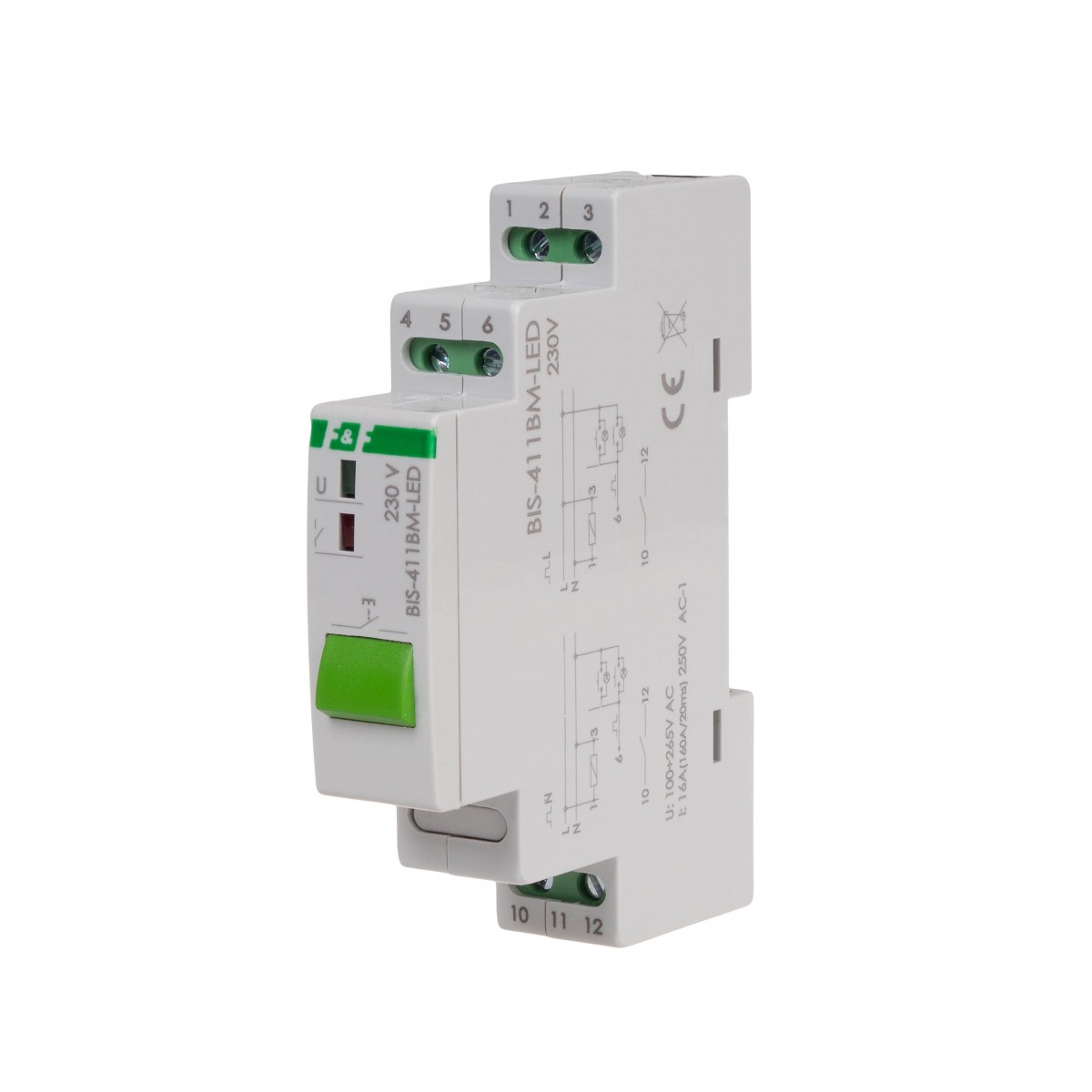 BIS-411BM-LED Przekaźnik bistabilny BIS-411BM-LED z przyciskiem do sterowania ręcznego, pamięcią, montaż na szynie DIN, 230V, z przekaźnikiem inrush 160A/20ms F&F