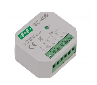 BIS-408-LED Przekaźnik bistabilny, podtynkowy, do podświetlanych przycisków z przekaźnikiem inrush 160A/20ms F&F
