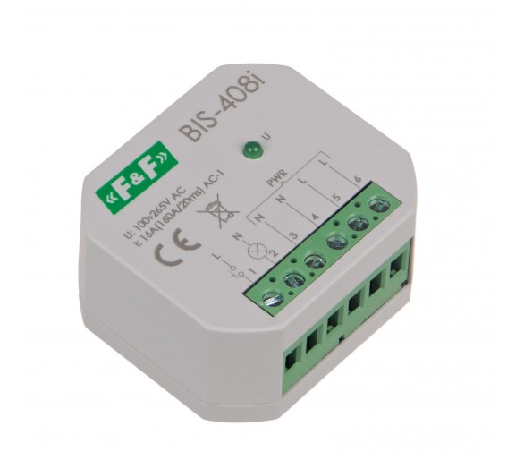 BIS-408-LED Przekaźnik bistabilny, podtynkowy, do podświetlanych przycisków z przekaźnikiem inrush 160A/20ms F&F