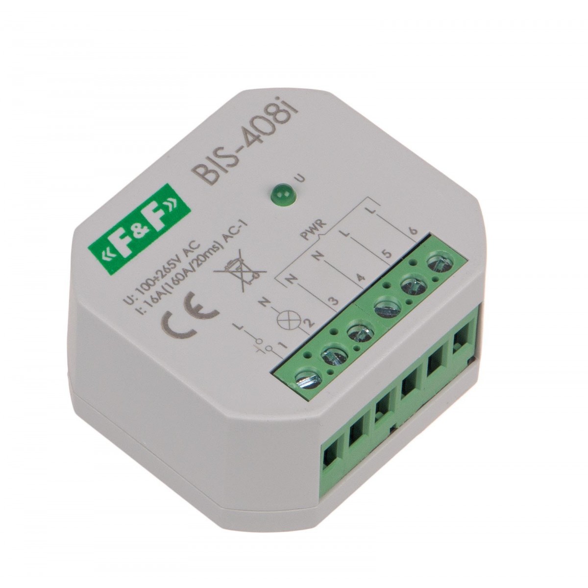 BIS-408-LED Przekaźnik bistabilny, podtynkowy, do podświetlanych przycisków z przekaźnikiem inrush 160A/20ms F&F