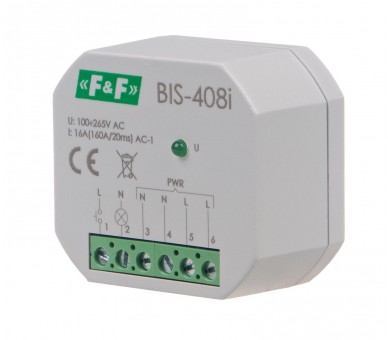 BIS-408-LED Przekaźnik bistabilny, podtynkowy, do podświetlanych przycisków z przekaźnikiem inrush 160A/20ms F&F