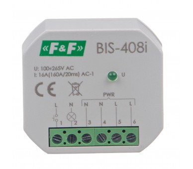 BIS-408-LED Przekaźnik bistabilny, podtynkowy, do podświetlanych przycisków z przekaźnikiem inrush 160A/20ms F&F