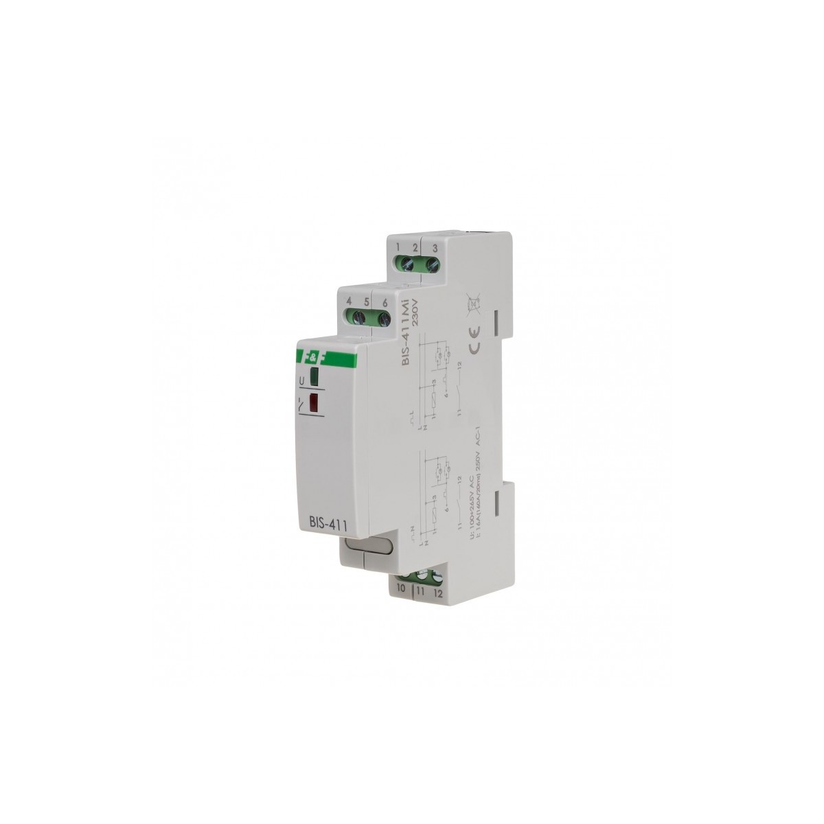 BIS-411M-LED Przekaźnik bistabilny z pamięcią, montaż na szynie DIN, 230V, z przekaźnikiem inrush 160A/20ms F&F