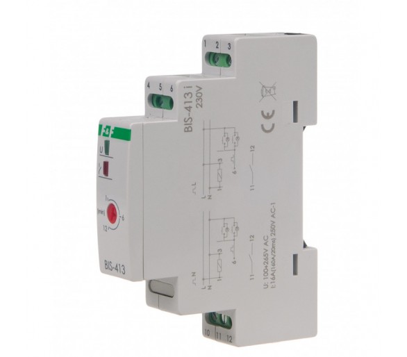 BIS-413-LED Przekaźnik bistabilny z wyłącznikiem czasowym, na szynę DIN, z przekaźnikiem inrush 160A/20ms F&F