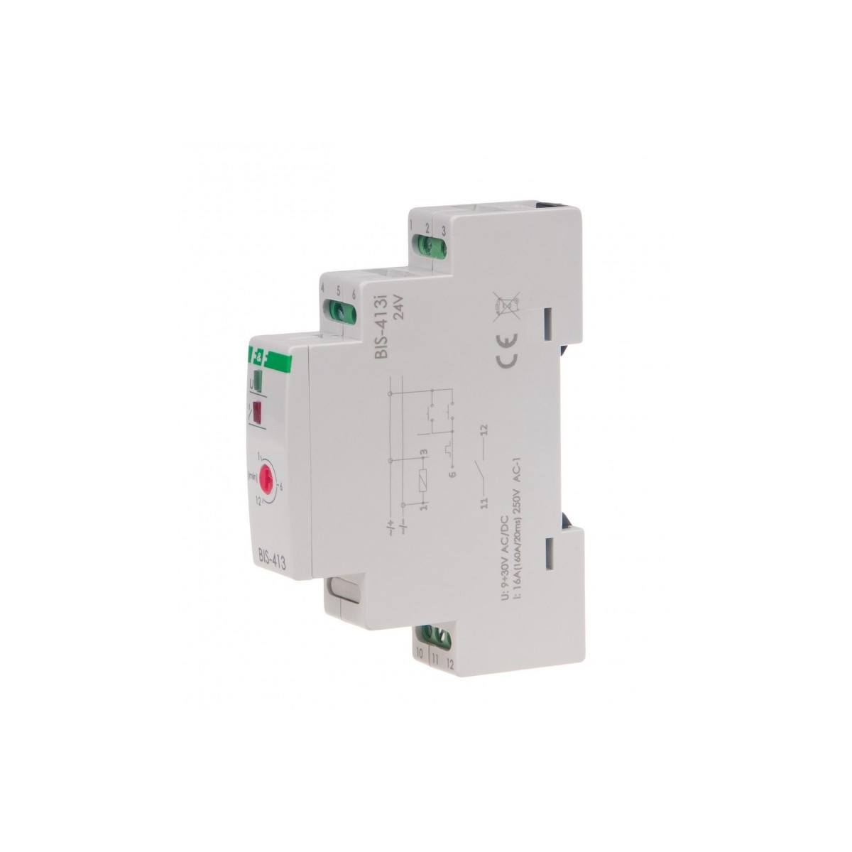 BIS-413-LED-24V Przekaźnik bistabilny z wyłącznikiem czasowym 9-30 V AC/DC, na szynę DIN, z przekaźnikiem inrush 160A/20ms F&F
