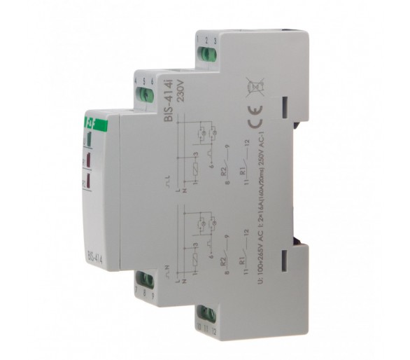 BIS-414-LED Przekaźnik bistabilny, sekwencyjny, na szynę DIN, z przekaźnikiem inrush 160A/20ms F&F