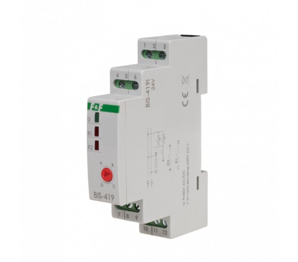 BIS-419-LED-24V Przekaźnik bistabilny 9-30 V AC/DC 4 funkcyjny, DIN, dwa obwody sterowania, z przekaźnikiem inrush 160A/20ms F&F