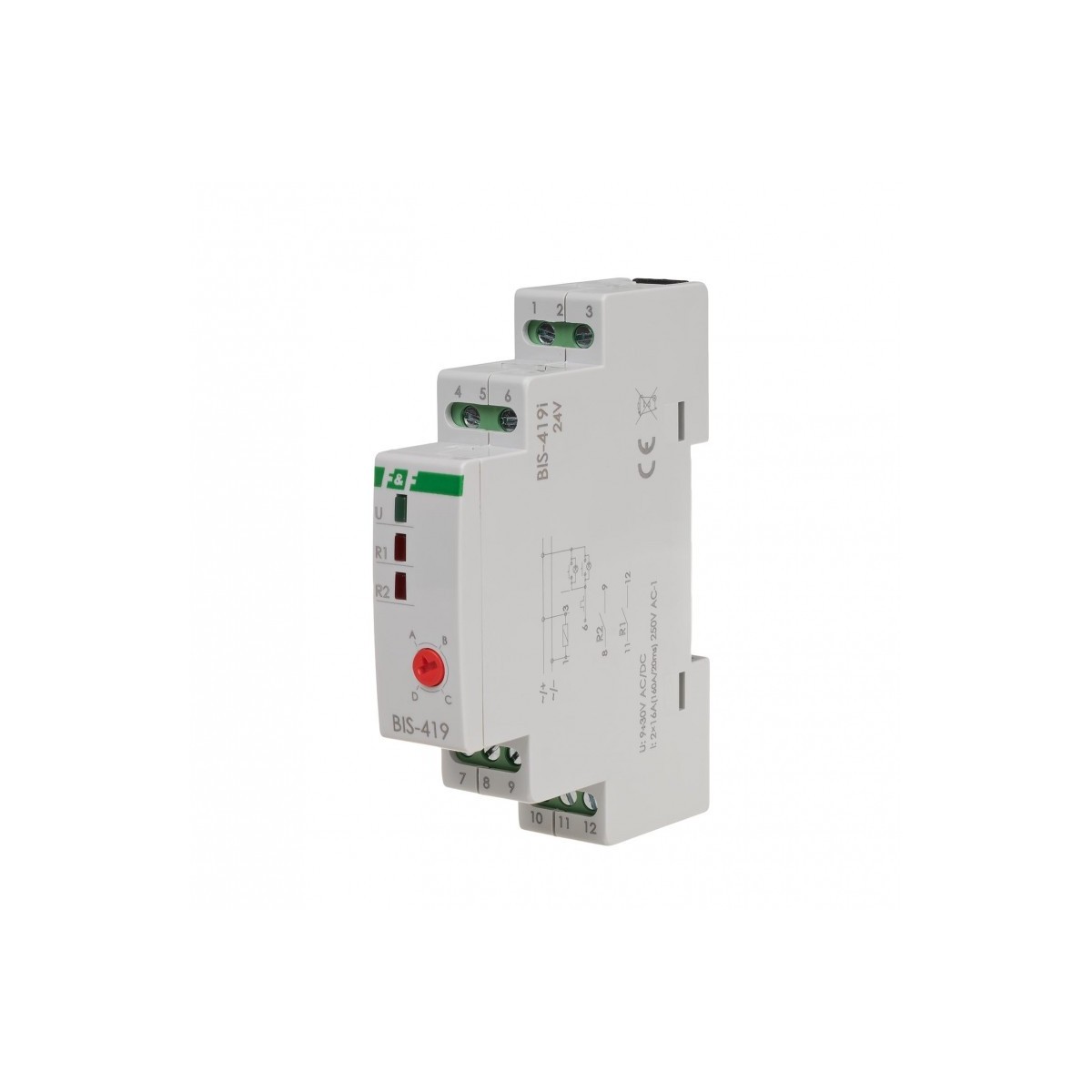 BIS-419-LED-24V Przekaźnik bistabilny 9-30 V AC/DC 4 funkcyjny, DIN, dwa obwody sterowania, z przekaźnikiem inrush 160A/20ms F&F