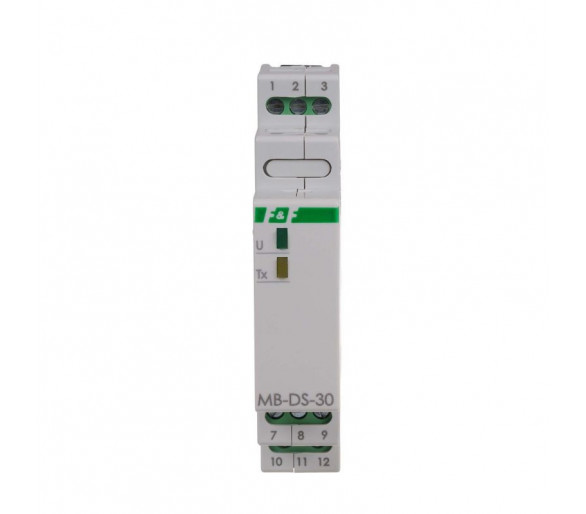 MAX-MB-DS-30 Przetwornik pomiarowy MB-DS-30 przeznaczony jest do pomiaru temperatur za pomocą czujników temperatury DS18B20 połączonych w magistrali 1-WIRE i wymiany danych po porcie RS-485 MASTER F&F