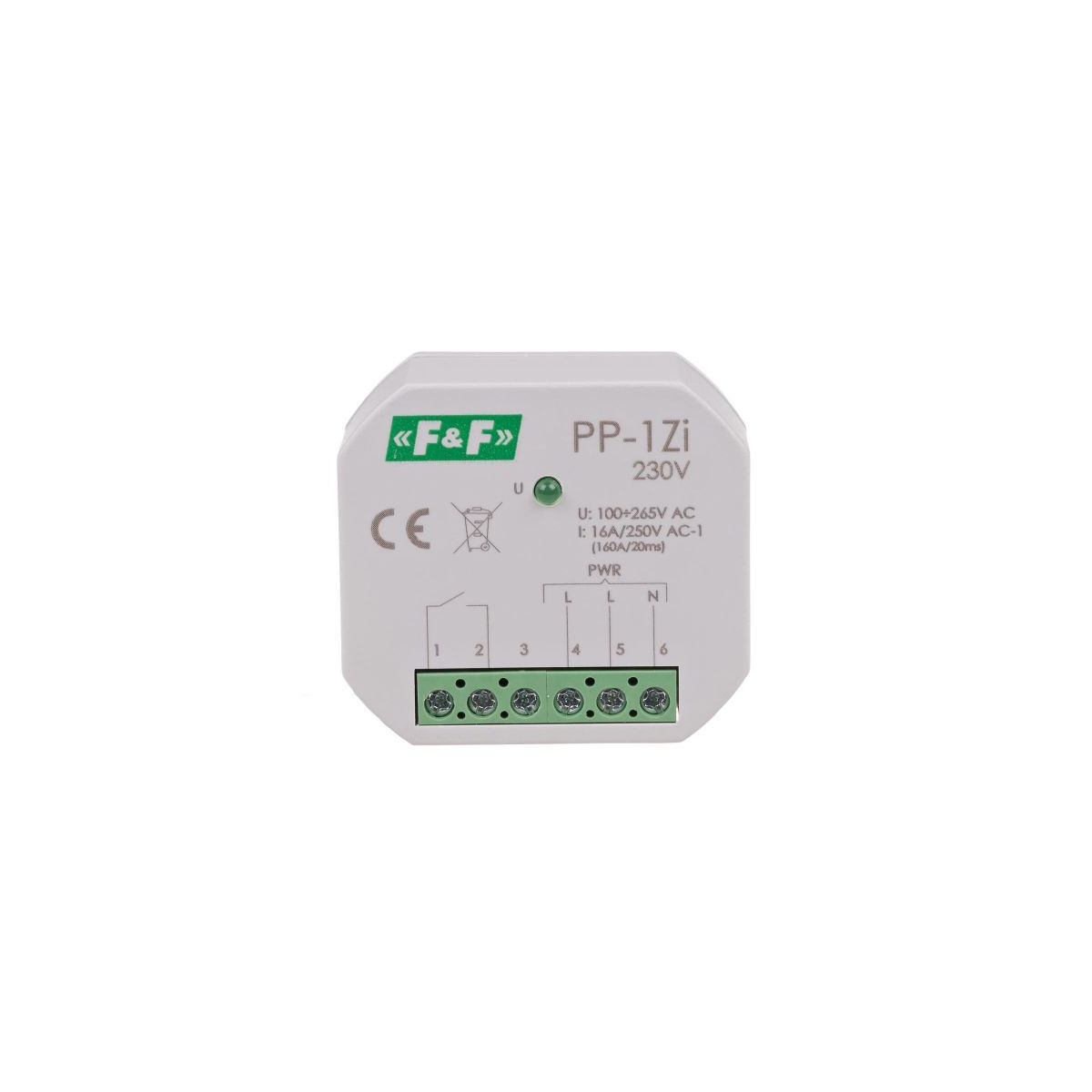 PP-1Z-LED-230V Przekaźnik elektromagnetyczny, 1Z 16A, montaż podtynkowy,U100-265V AC,styk:1Z 16A (160A/20ms) F&F