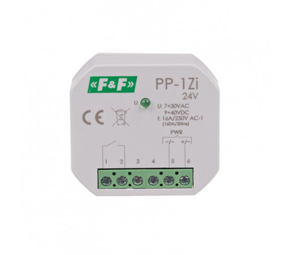 PP-1Z-LED-24V Przekaźnik elektromagnetyczny, 1Z 16A, montaż podtynkowy,U7÷30VAC/9÷40VDC1Z 16A (160A/20ms) F&F