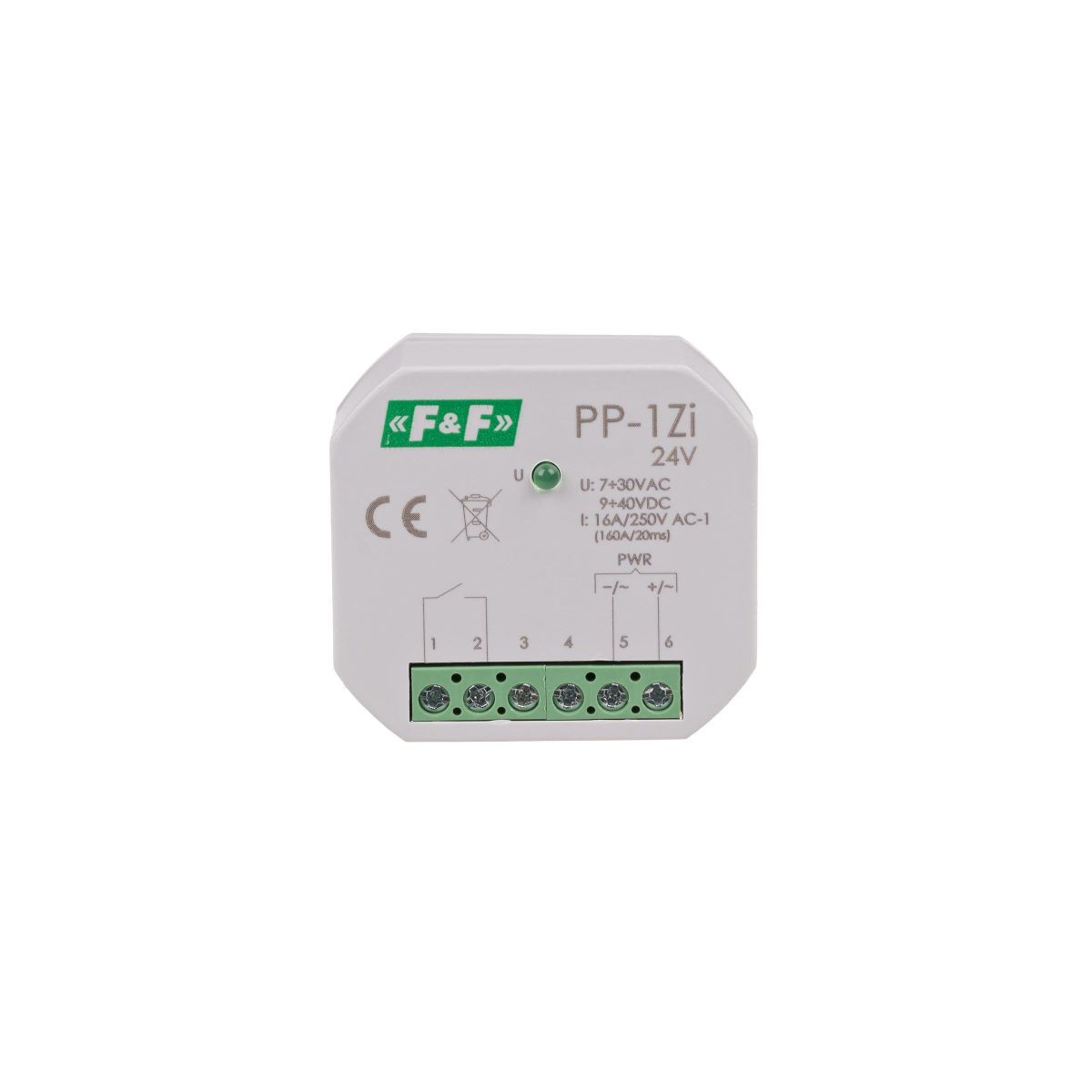 PP-1Z-LED-24V Przekaźnik elektromagnetyczny, 1Z 16A, montaż podtynkowy,U7÷30VAC/9÷40VDC1Z 16A (160A/20ms) F&F