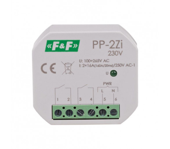 PP-2Z-LED-230V Przekaźnik elektromagnetyczny, 2Z 16A, montaż podtynkowy, U100-265V AC,styk:2Z 16A (160A/20ms) F&F