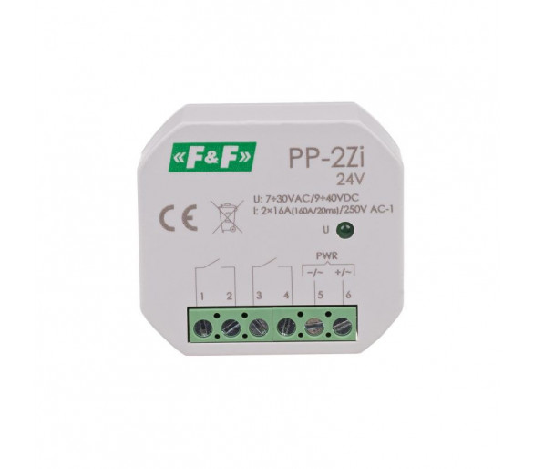 PP-2Z-LED-24V Przekaźnik elektromagnetyczny, 2Z 16A, montaż podtynkowy,U7÷30VAC/9÷40VDC2Z 16A (160A/20ms) F&F
