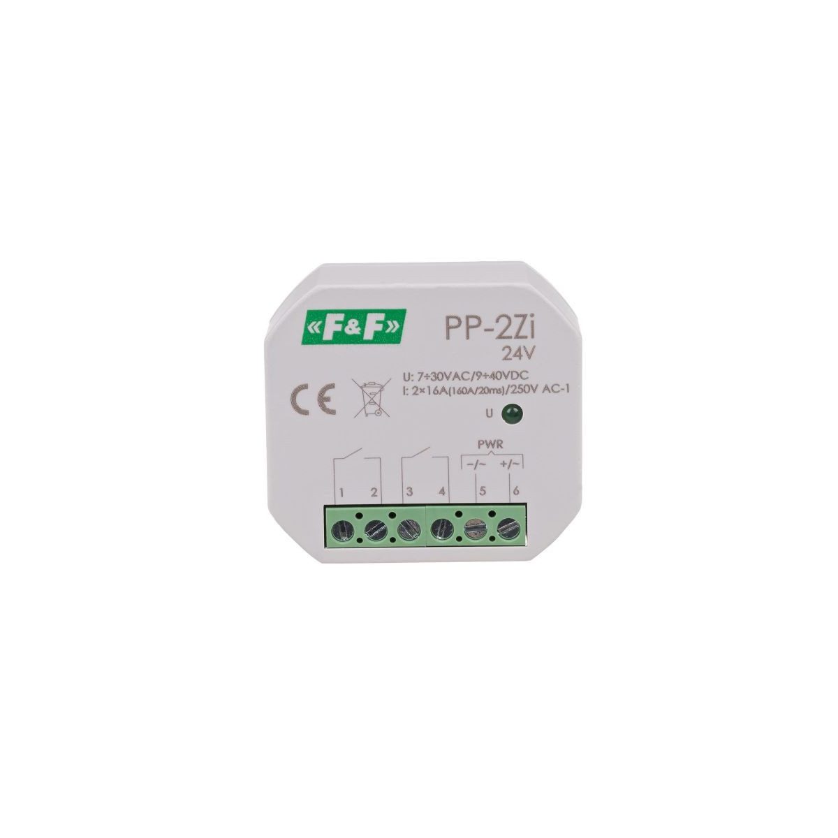 PP-2Z-LED-24V Przekaźnik elektromagnetyczny, 2Z 16A, montaż podtynkowy,U7÷30VAC/9÷40VDC2Z 16A (160A/20ms) F&F
