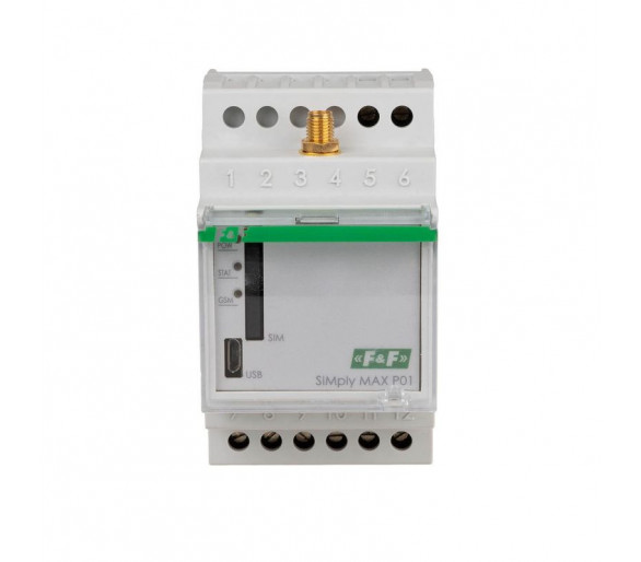 SIMplyMAX-P01-12V Przekaźnik zdalnego sterowania GSM (SMS) 2xWY, 2xWE załącz/wyłącz/powiadom 12V 2x1NO/NC montaż na szynie DIN F&F