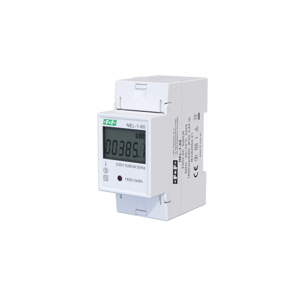 Wskaźnik zużycia energii elektrycznej 1-fazowy, 230 VAC, 60 A, 2 moduły F&F