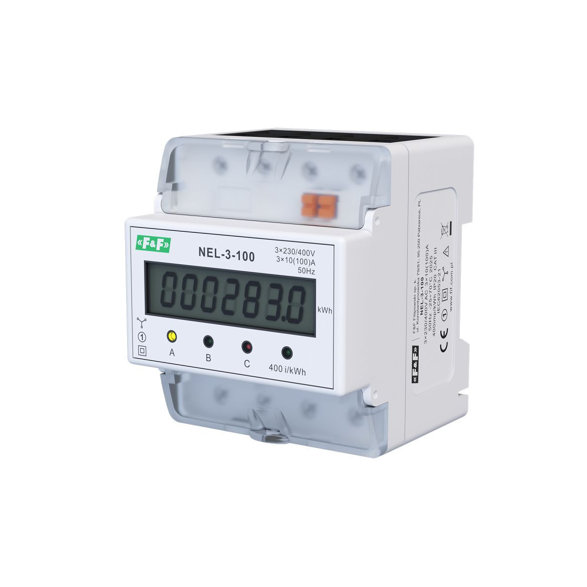 Wskaźnik zużycia energii elektrycznej 3-fazowy, 3x400 VAC, 100 A, 4 moduły
