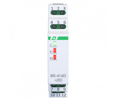 Przekaźnik bistabilny 2 kanałowy on/off, 230V, 2x10A InRush(120A/20ms), styki 2xNO, 1S, DIN F&F BIS-416D-LED
