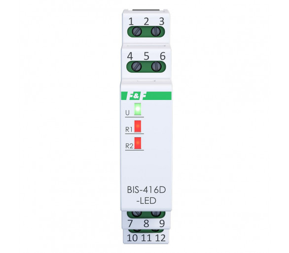 Przekaźnik bistabilny 2 kanałowy on/off, 230V, 2x10A InRush(120A/20ms), styki 2xNO, 1S, DIN F&F BIS-416D-LED