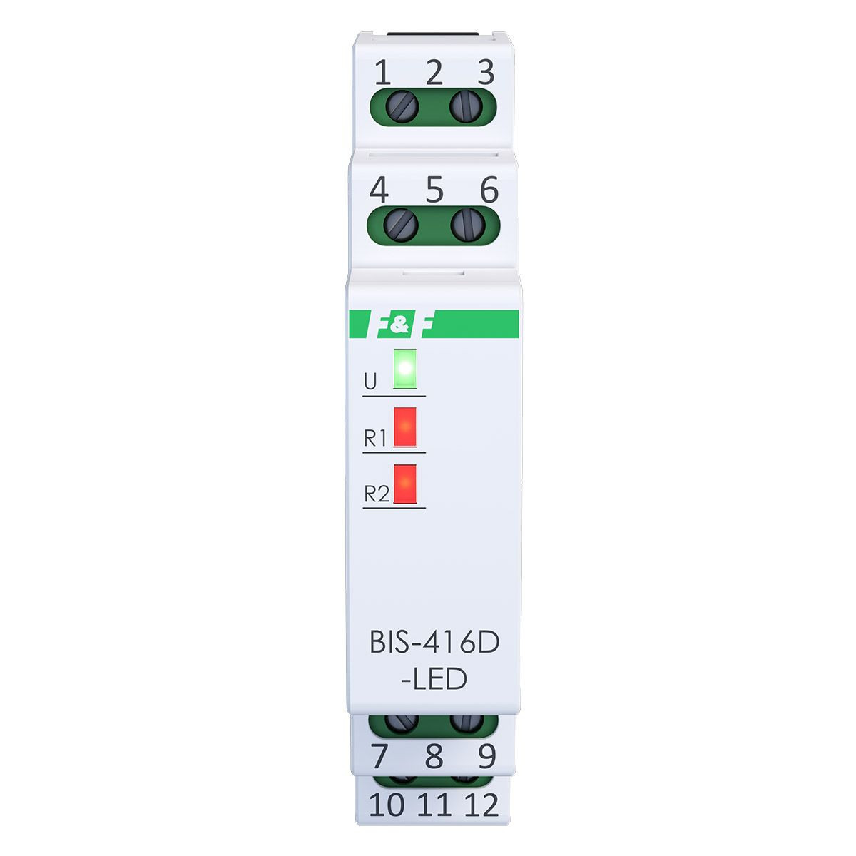 Przekaźnik bistabilny 2 kanałowy on/off, 230V, 2x10A InRush(120A/20ms), styki 2xNO, 1S, DIN F&F BIS-416D-LED