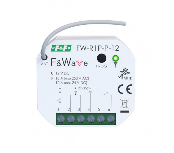 Radiowy, jednokanałowy przekaźnik wielofunkcyjny, zasilanie 12-24V DC, pdt F&F FW-R1P-P-12