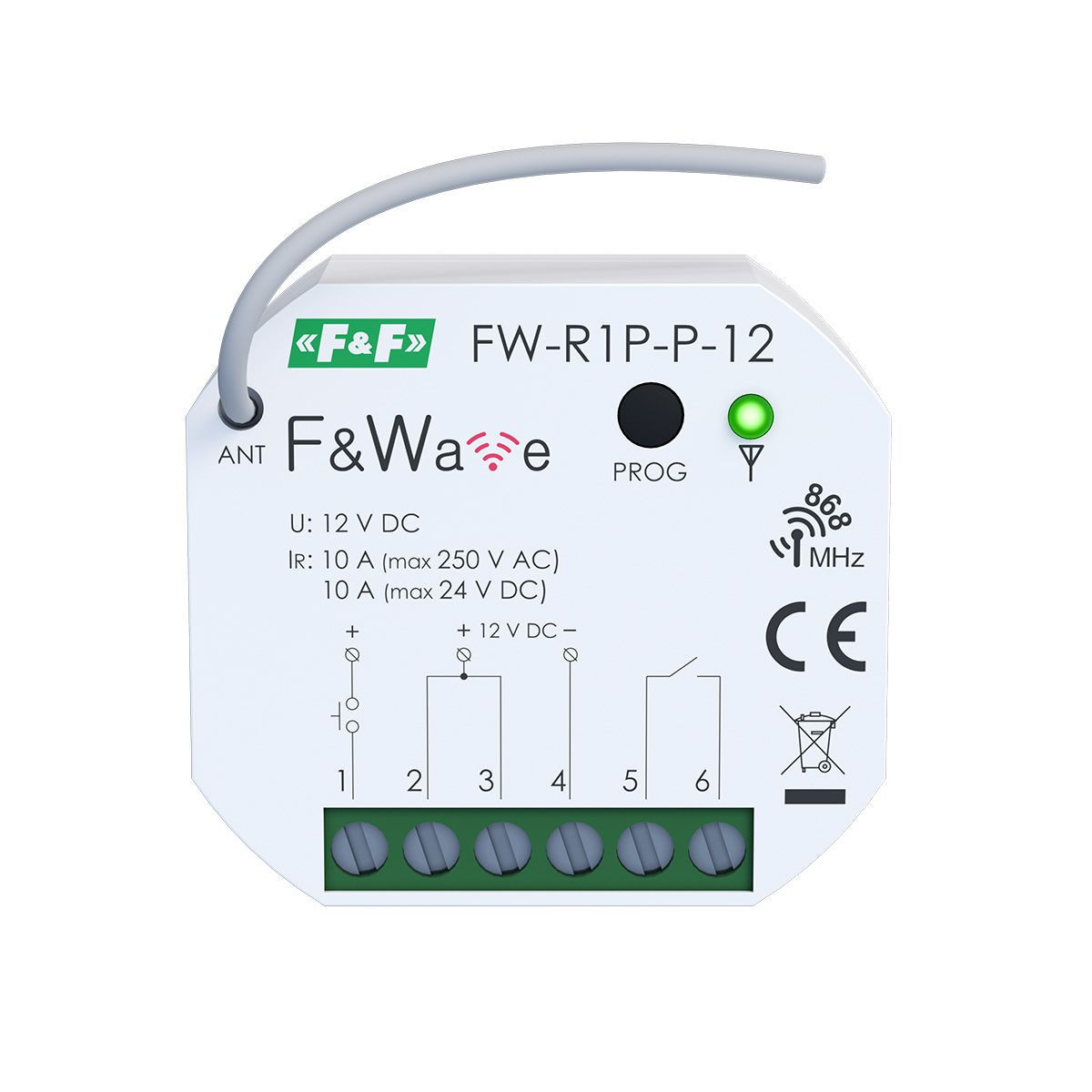 Radiowy, jednokanałowy przekaźnik wielofunkcyjny, zasilanie 12-24V DC, pdt F&F FW-R1P-P-12