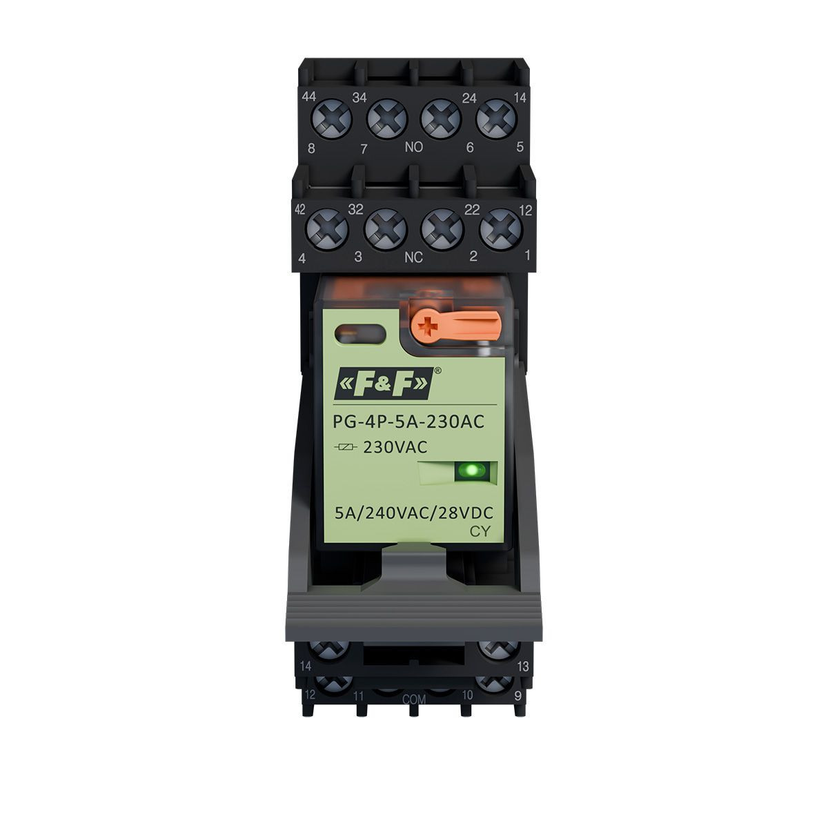 Przekaźnik interfejsowy 4P, zasilanie 230 V DC, 5A, 1S z gniazdem&nbsp;GN-4P + obejma wyrzutnikowa K-GN-4P + moduł przeciwprzepięciowy LED GN-LV-230 F&F GPK-4P-230AC-BL